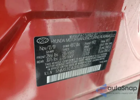 2020 Hyundai Santa Fe Sel z USA, uszkodzony, nr VIN 5NMS3CAD3LH200751